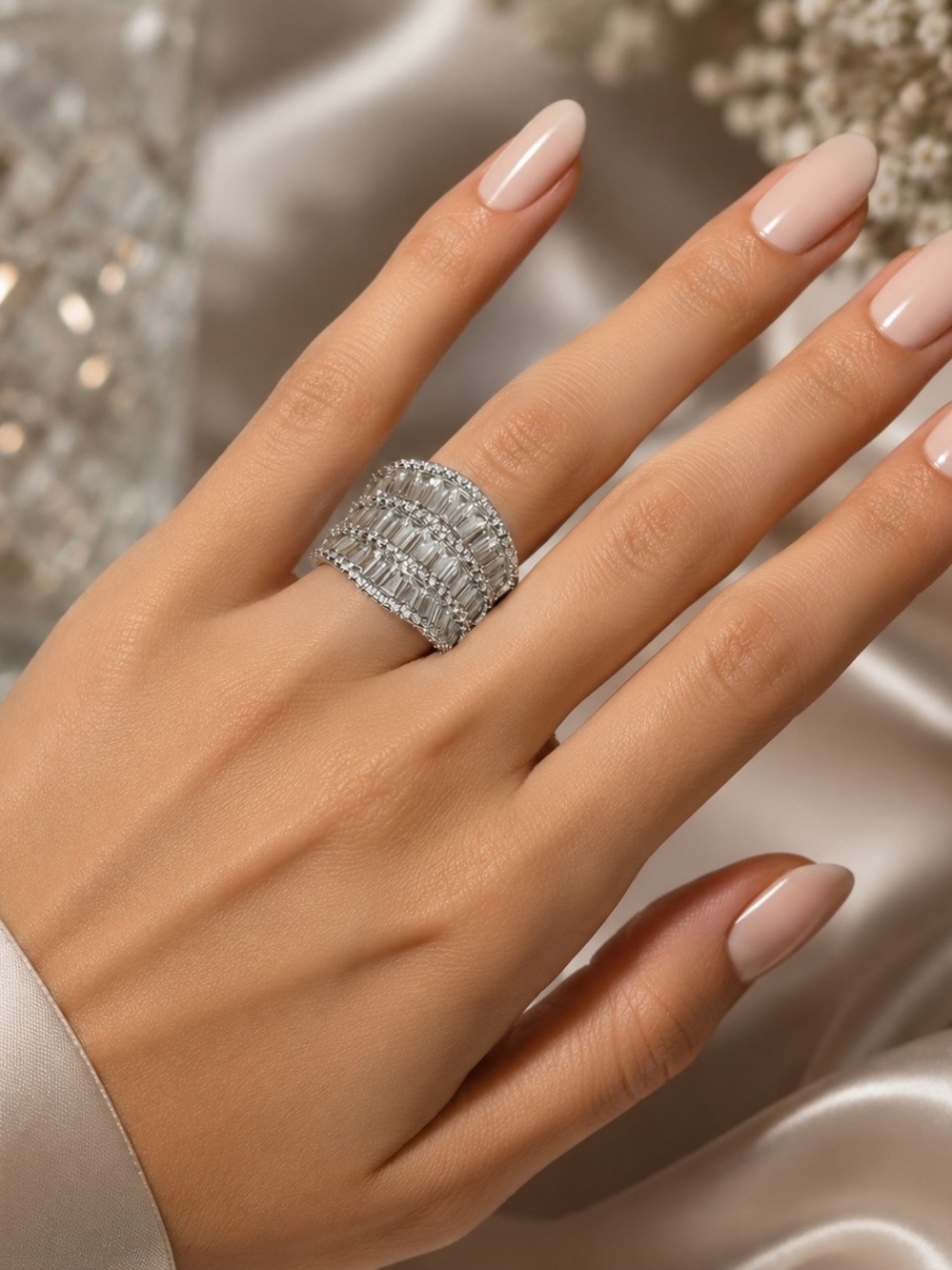 Baguette CZ Cocktail Ring Silver Tone Wide Statement Ring Size 7